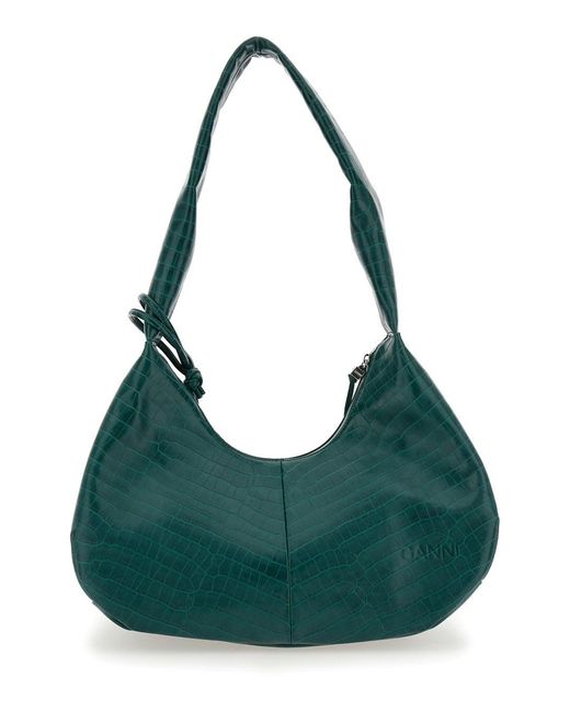 Ganni Green 'Medium Bou' Shoulder Bag With Crocodile Leather Effect And Logo Plaque