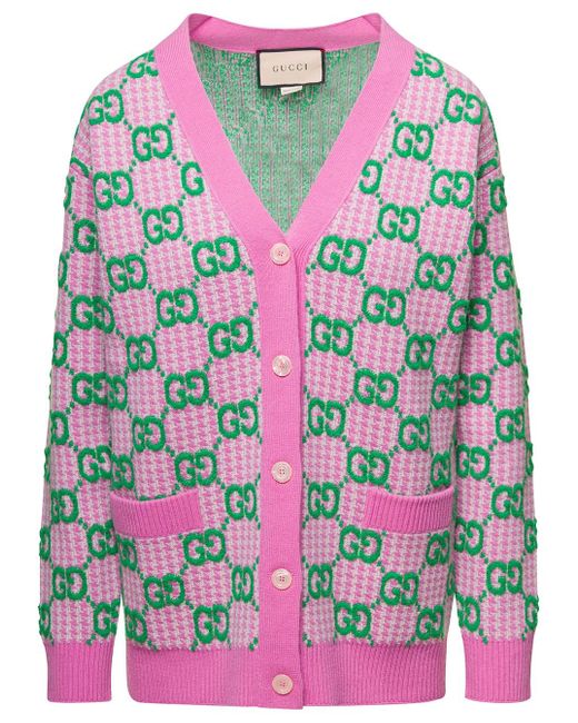Gucci Gray Pink And Green Houndstooth Cardigan With gg Motif All-over In Wool Woman