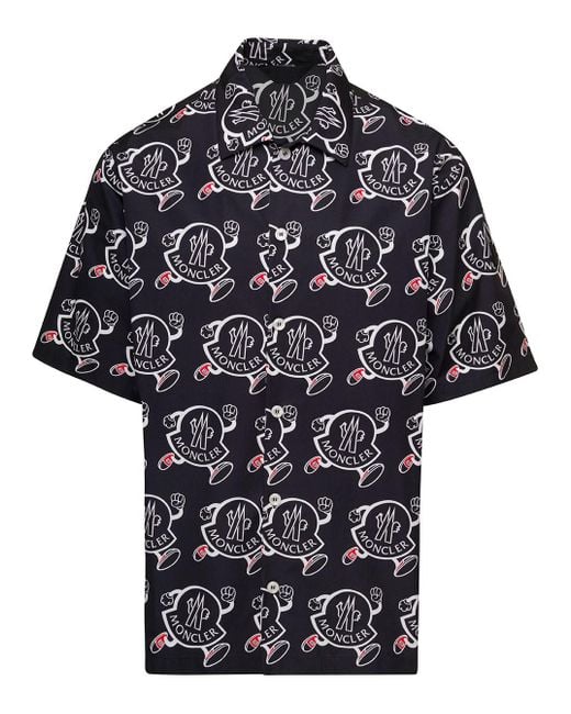 Moncler White And Black Shirt With All-over Logo Print In Cotton Man for men