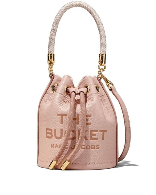 Marc Jacobs Pink 'the Leather Bucket' Mini Handbag With Drawstring And Front Logo In Hammered Leather Woman