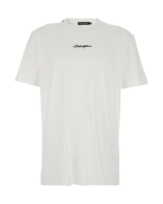 Dolce & Gabbana White Crew-Nwck T-Shirt With Logo On Front for men