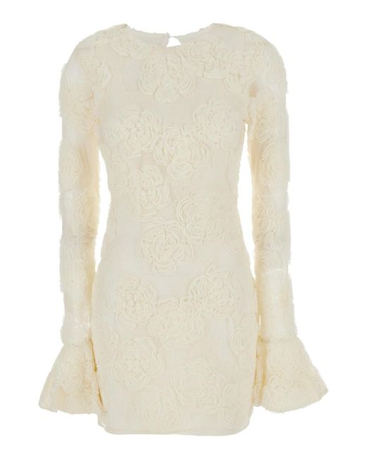 ROTATE BIRGER CHRISTENSEN White Mini Dress With Long Flared Sleeves And All-Over Floral Embroidery