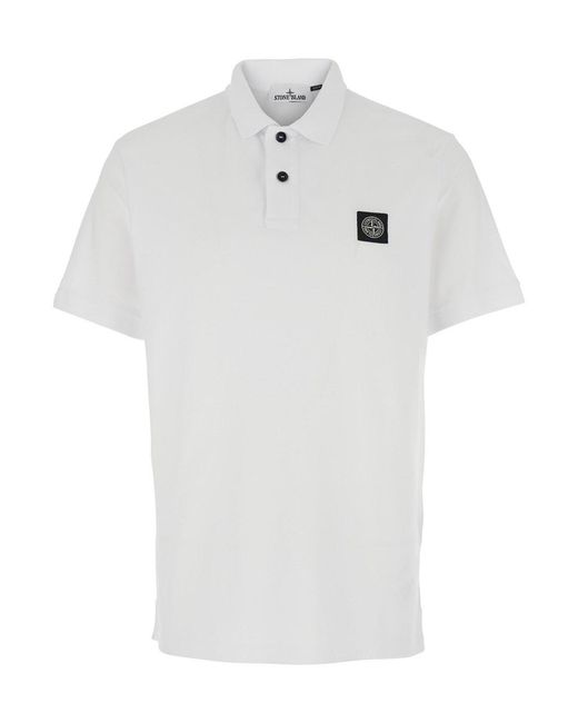Stone Island White Polo Shirt With Classic Collar And Logo Patch On The Front for men
