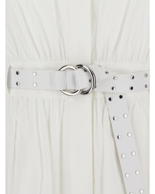 Michael Kors White Sleeveless Long Dress With V Neck And Adjustable Belt