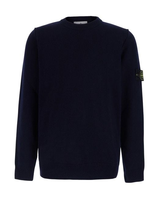Stone Island Blue Lambswool Sweater With V-Neck And Long Sleeves for men