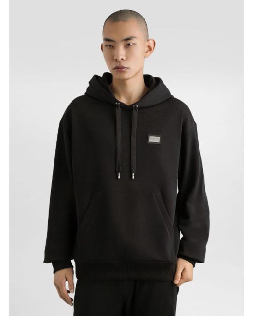 Felpa con cappuccio e targa con logo nera in cotone di Dolce & Gabbana in Black da Uomo
