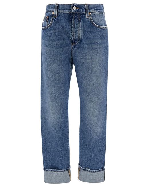 Gucci Blue '90's' Light Jeans With Horsebit Detail And Turn-Up Hem