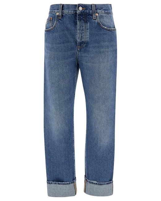 Gucci Blue '90'S' Light Jeans With Horsebit Detail And Turn-Up Hem In