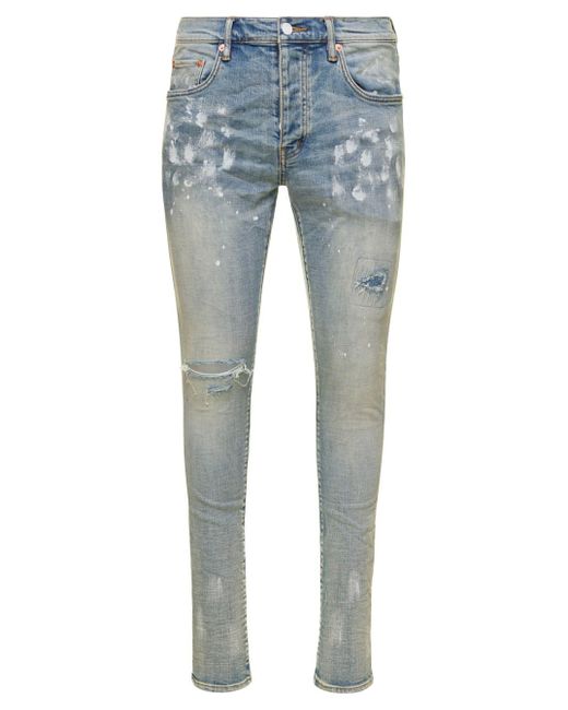 Purple Brand Blue Light E Five Pockets Skinny Jeans With Paint Stains In Cotton Denim Man for men