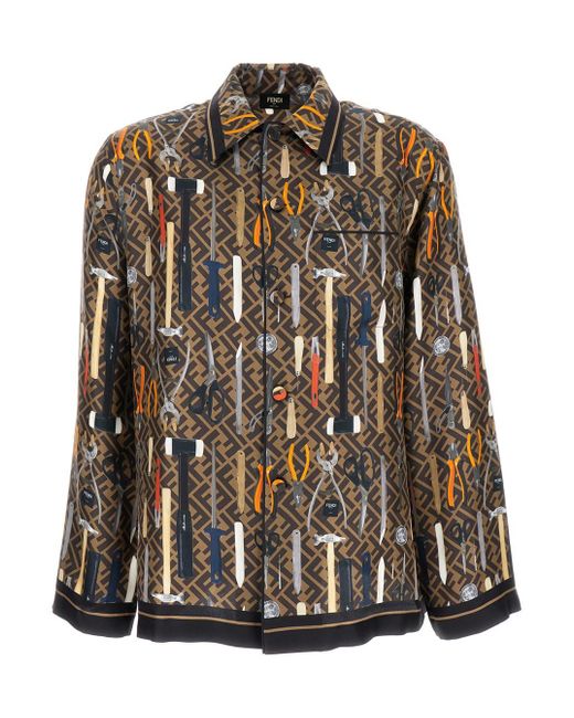 Fendi Brown Multicolores All-Over Tools Print Shirt for men