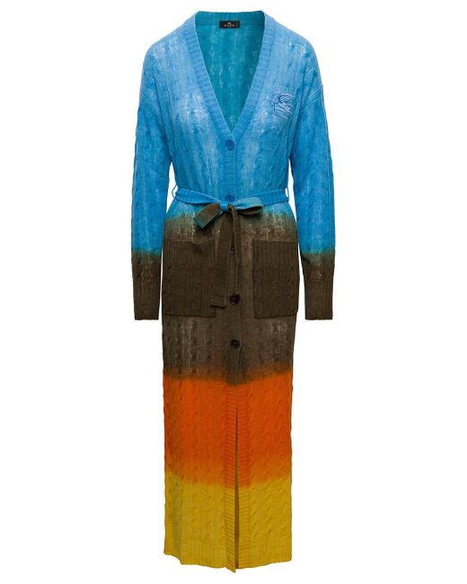 Etro Blue Oversized Cable Knit Cardigan With Degradé Colour Shading In Wool