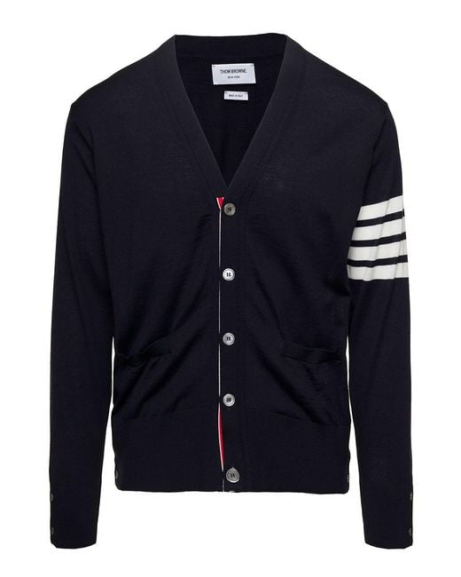 Thom Browne Blue V-Neck Cardigan With Stripe Detail for men