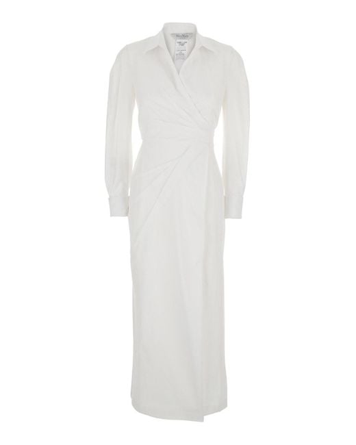 Max Mara White 'Balzac' Long Dress With Asymmetrical Pence Sewn