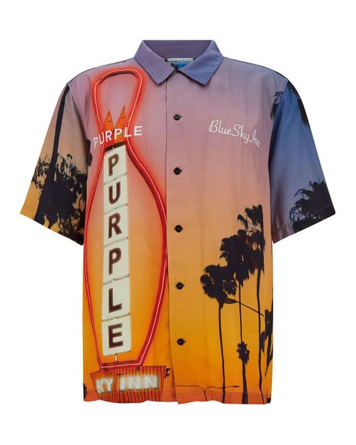 Purple Brand Orange Brand Bowling Shirt With Sky Inn Print for men