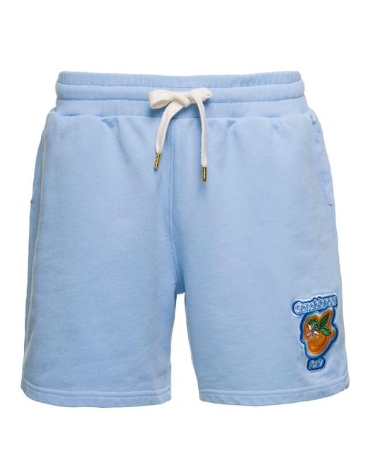 CASABLANCA Blue Shorts With Orange Logo Patch In Light-e Cotton Woman for men
