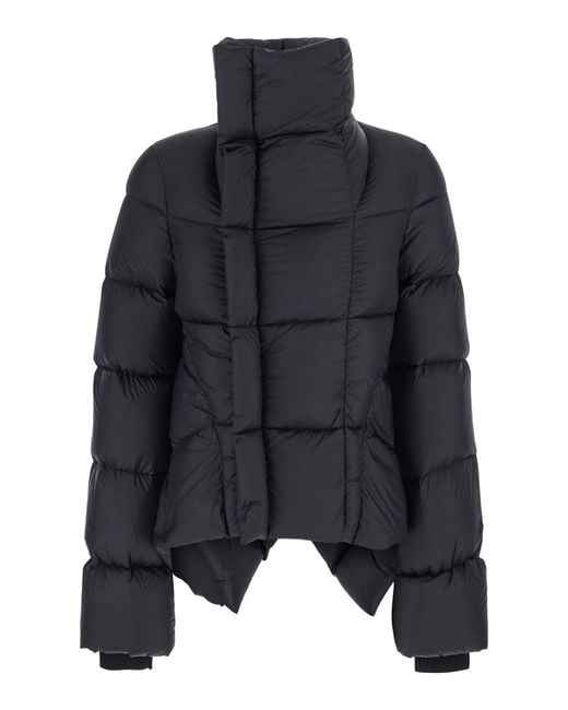 Rick Owens Black Down Jacket With High Collar And Off-Center Zip Closu