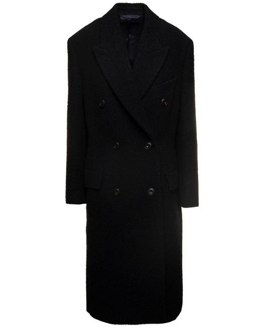 Acne Black Long Double-breasted Coat With Tonal Buttons In Wool Blend