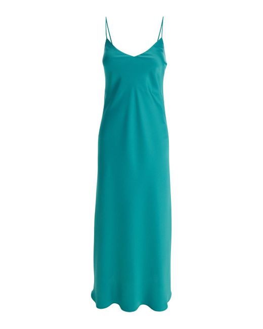 Plain Blue Light Slip Dress With V Neckline