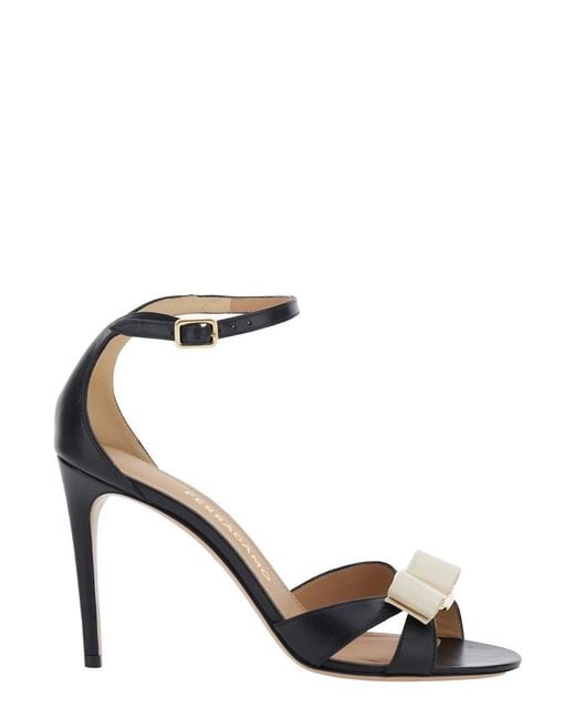 Ferragamo Metallic 'Vara' Heeled Sandal With Bow Detail On The Front