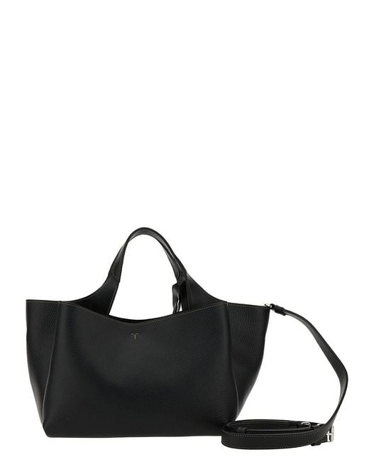 Tod's Black Handbag With Embossed Logo And T Timeless Charm In Grainy Leather Woman