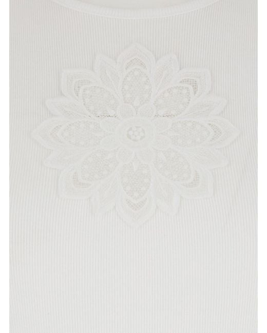 Twinset White Sleeveless Top With Tone-On-Tone Floral Embroidery