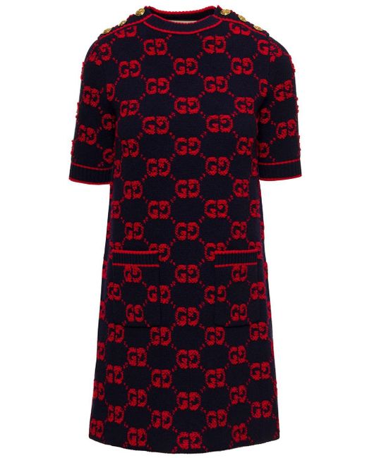 Gucci Red E Crewneck Mini Dress With Contrasting All-over gg Motif In Wool Woman
