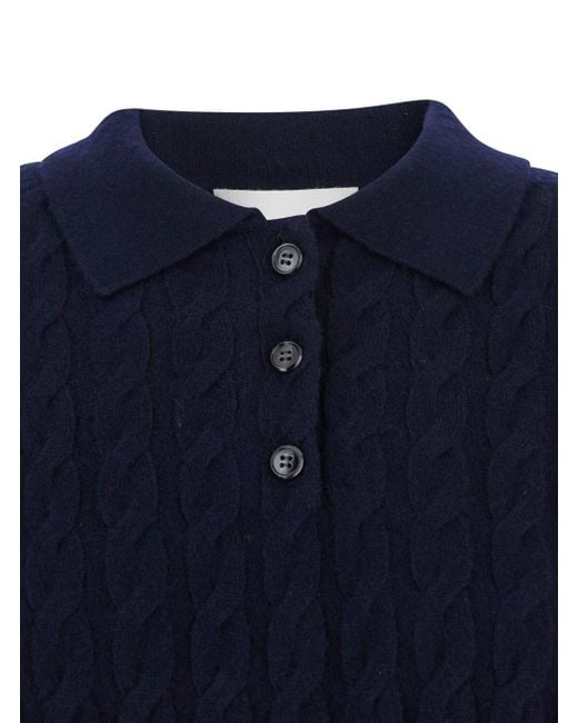 Lisa Yang Blue 'Magnolie' Cable Knit Polo Shirt-Style Sweater With Cla