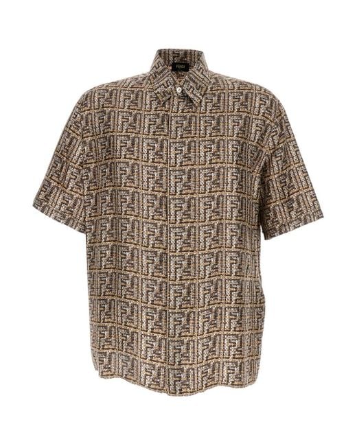 Camicia Con Stampa Logo All-Over Chiaro di Fendi in Brown da Uomo
