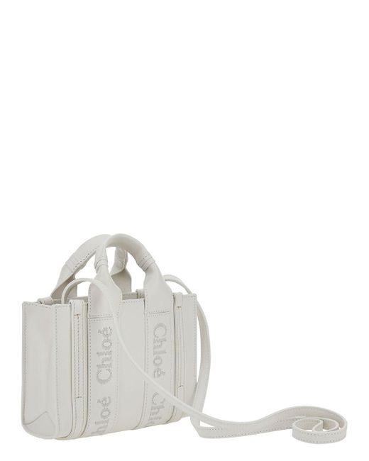 Chloé White 'Mini Woody' Handbag With Tonal Logo Embroidery