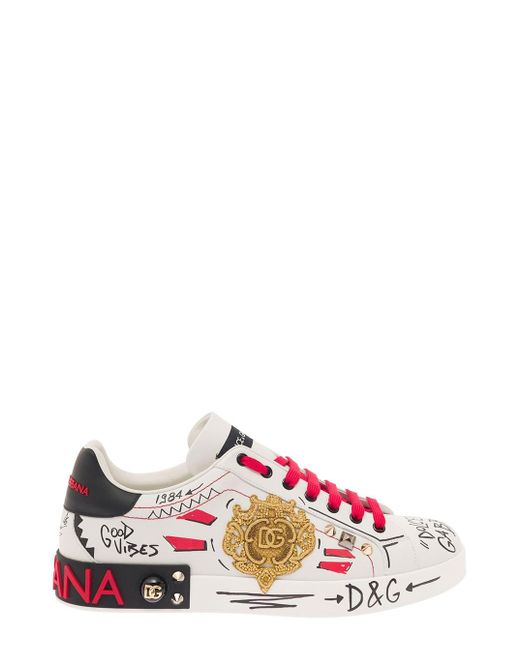 Dolce & Gabbana Pink Portofino Sneakers With Embroidered Design And Logo In Calf Leather Woman