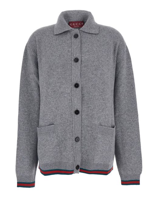 Gucci Gray Cardigan With Pointed Collar And Web Detailing On Edges