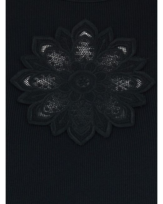 Twinset Black Sleeveless Top With Tone-On-Tone Floral Embroidery On The Fron