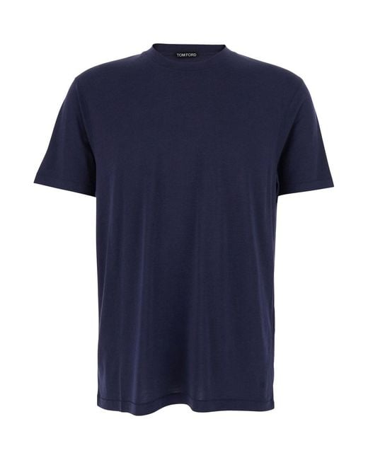 Tom Ford Blue Crewneck T-Shirt With Logo Embroidery On The Front for men