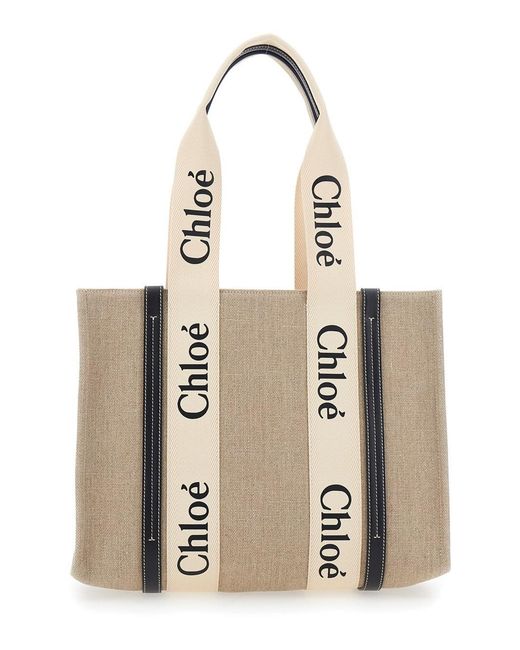 Borsa tote 'woody' media con nastro multicolor in pelle e lino donna chloé di Chloé in Natural