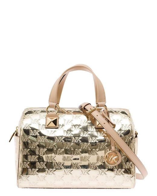 Michael Kors Metallic 'medium Grayson' Gold Satchel Bag With All-over Embossed Logo In Patent Woman