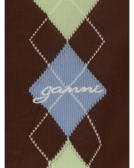 Ganni Brown Crew Neck Cardigan With An Argyle Motif On The Front