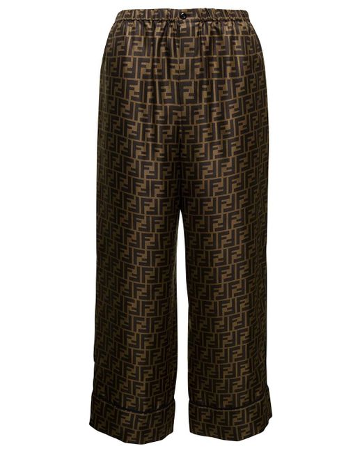 Fendi Brown Pants With Ff Motif And Elasticated Waist In Silk