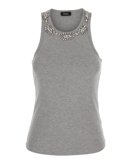 Le Plain Gray Ribbed Top Embroidery With Long Sleeves And Cotton Embroi