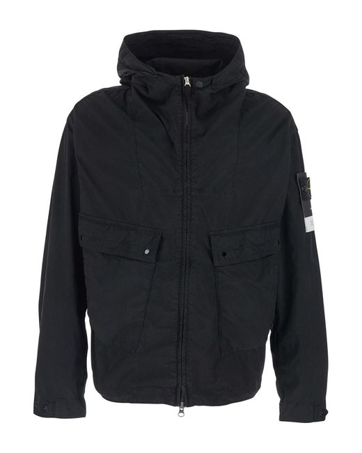 Stone Island Blue Jacket With Hood With Buttons And Logo Patch On The Sleeve for men