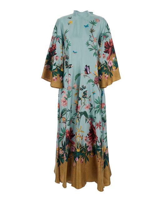 LaDoubleJ Green Long Dress With Rear Bow Detail And All-Over Floral Motif