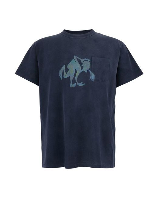ERL Blue T-Shirt Front Print Cotton for men