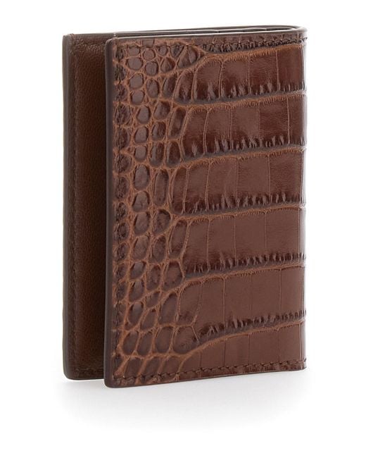 Tom Ford Brown Folded Card Holder With Embossed Crocodile Effect for men
