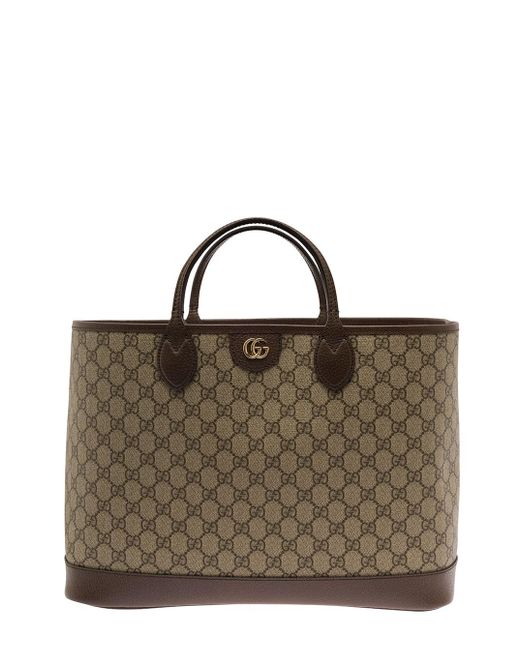 Gucci Brown Ophidia Medium Tote Bag In Canvas And Leather Woman