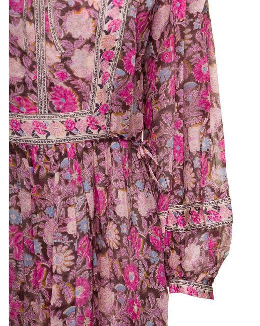 Isabel Marant Floral Print Pink Mini Dress With Long Sleeves In Cotton