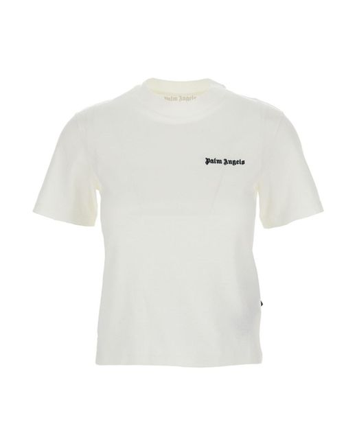 Palm Angels White Fitted Crewneck T-Shirt With Emboridered Logo