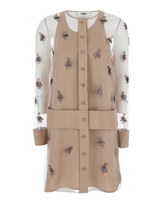 Abito Corto Girocollo Con Ricamo Floreale Con Paillettes All-Ove di Fendi in Natural