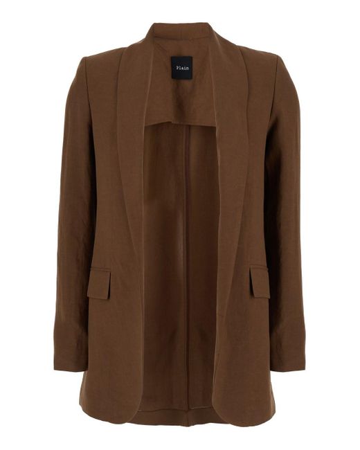 Plain Brown Open Jacket With Shawl Collar