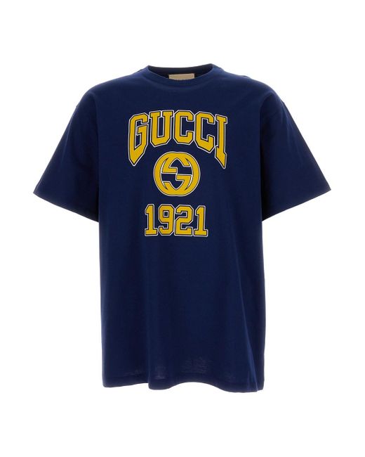 Gucci Blue Logo Print Crew Neck T-Shirt for men