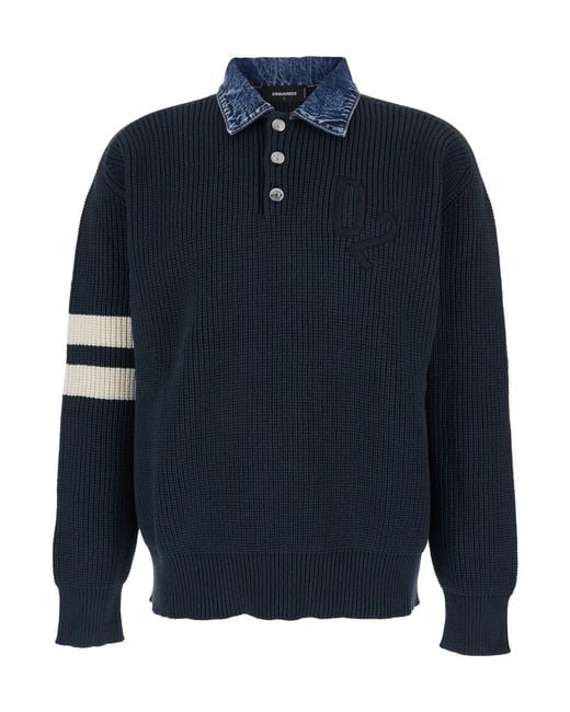 DSquared² Blue Sweater With Classic Denim Collar And Logo Embroidery On The Front for men