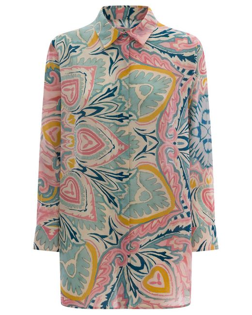 Etro Gray Light Blue Shirt With Multicolored Graphic Printed Pattern All-over In Silk Woman